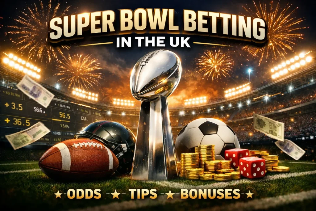 Super Bowl Betting UK – Odds, Bets and Bonuses Super Bowl betting UK hero image showing the Lombardi Trophy in a stadium with betting odds, football, coins, and fireworks