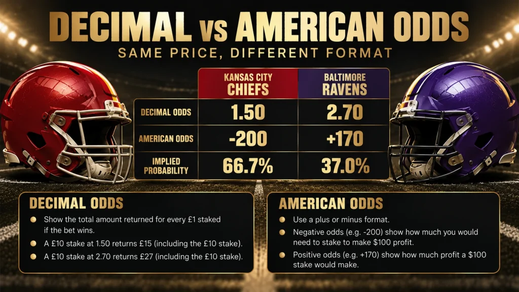 NFL Decimal vs American Odds Explained NFL decimal vs American odds example comparing Chiefs 1.50 (-200) with Ravens 2.70 (+170).
