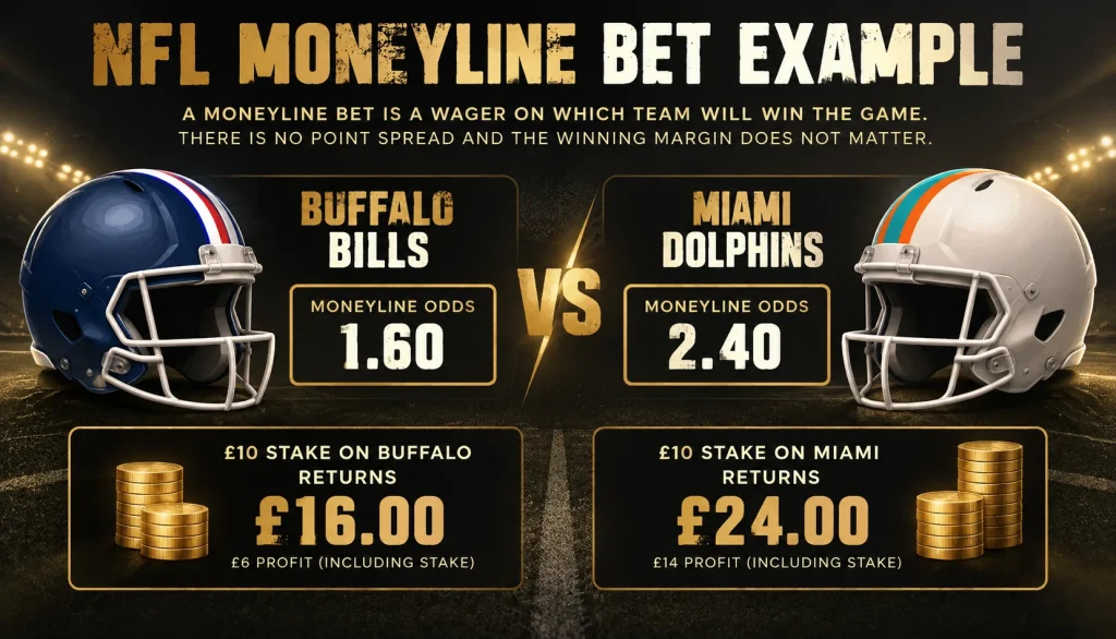 NFL Moneyline Bet Example NFL moneyline bet example showing 1.60 and 2.40 odds and the returns from a £10 stake.