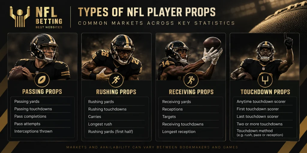 Types of NFL Player Props – Common Prop Betting Markets Types of NFL player props including passing, rushing, receiving and touchdown prop bets