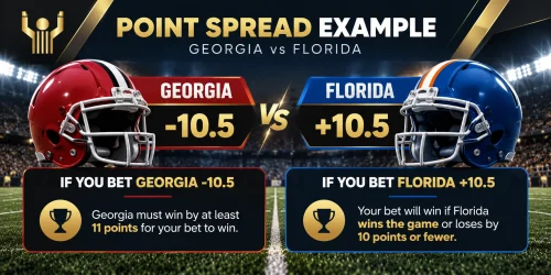 College football point spread example showing Georgia -10.5 versus Florida +10.5 and the winning conditions for each bet.